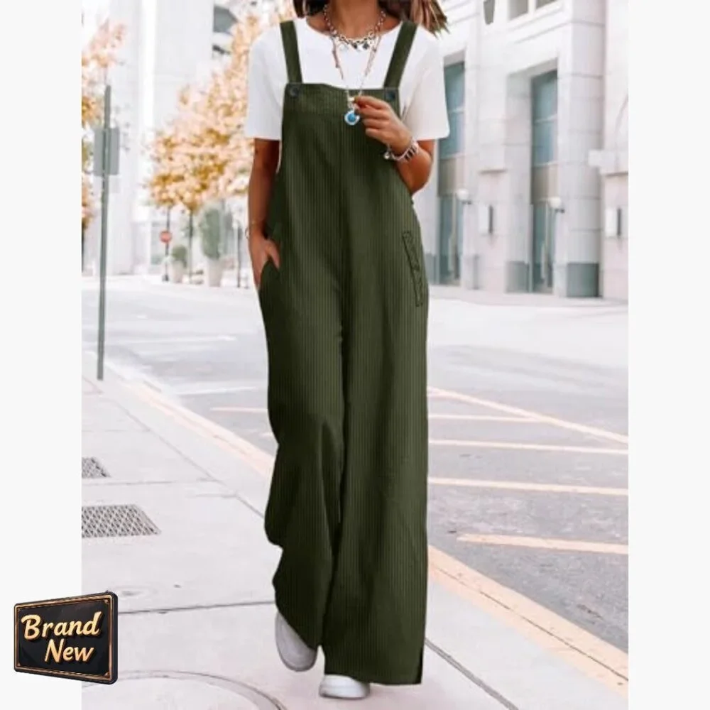 Women's Corduroy Overalls Adjustable Straps Wide Leg Jumpsuit with Pockets